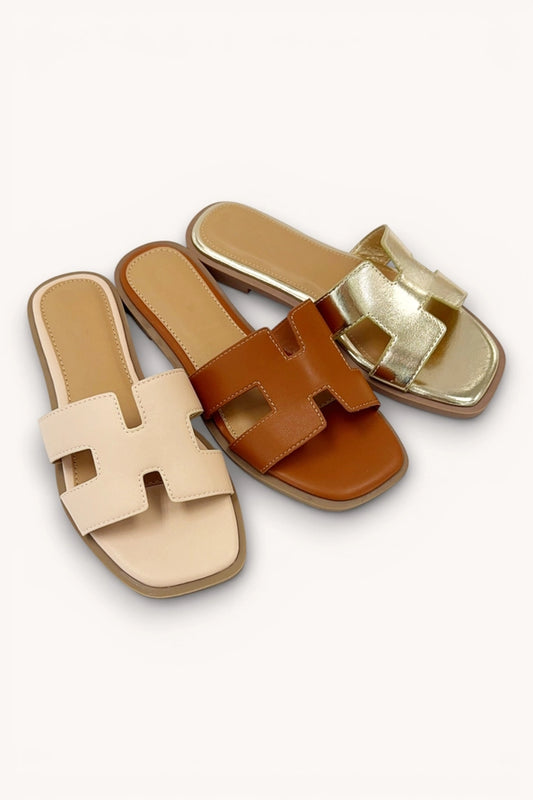 H-Strap Chic Square Toe Shape Slide On Flat-Brown