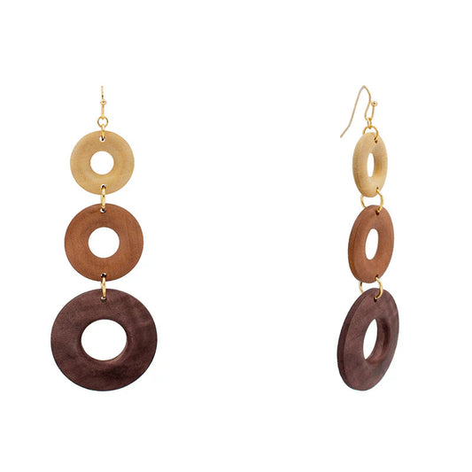 Round Wood 3 Drop Earring - 3.9"